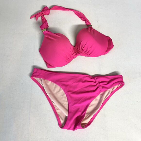 Victorias Secret 2 Pc Bikini Women’s M / Top 34C Gold Logo - Picture 1 of 6